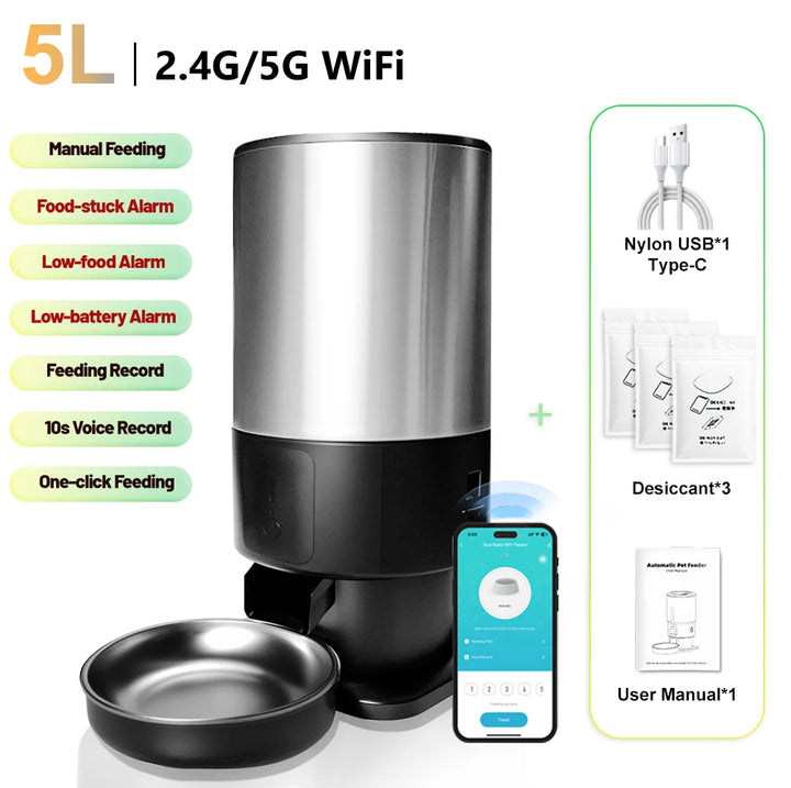 Distributeur automatique de nourriture pour animaux, 5L, WiFi 2.4G/5G, en acier inoxydable, avec alarmes intelligentes.