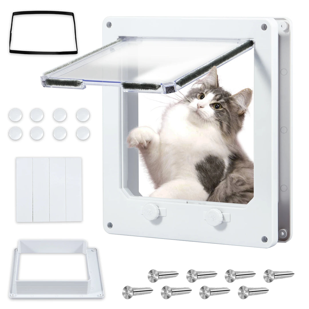 Trappe pour chat en plastique blanc avec accessoires, facile à installer, idéale pour un accès extérieur.