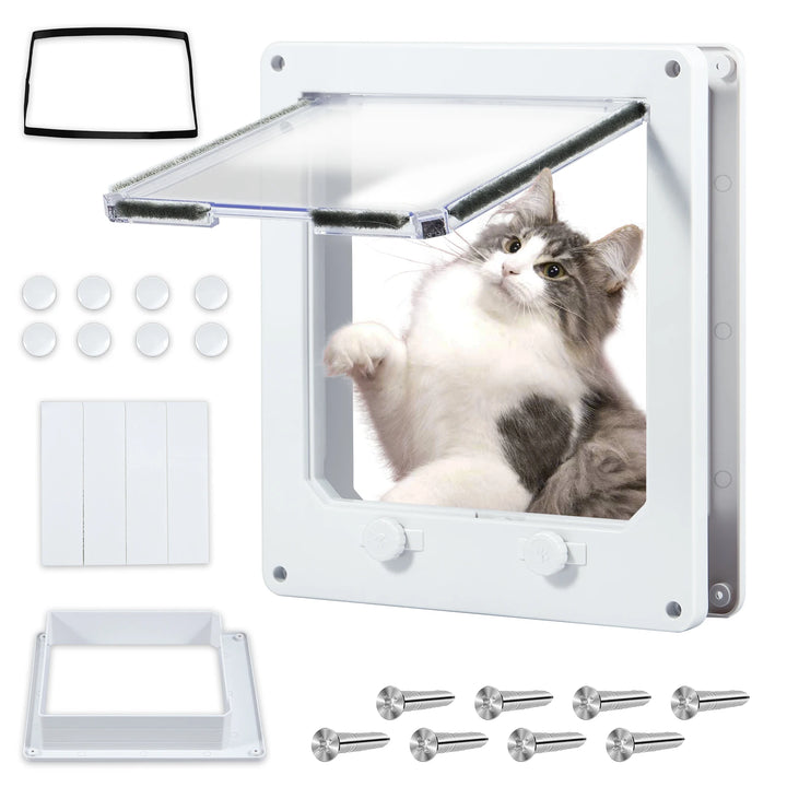 Trappe pour chat en plastique blanc avec accessoires, facile à installer, idéale pour un accès extérieur.