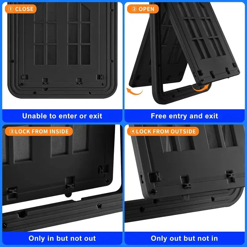 Porte en plastique noir avec options de verrouillage et d'ouverture faciles, idéale pour la sécurité domestique.
