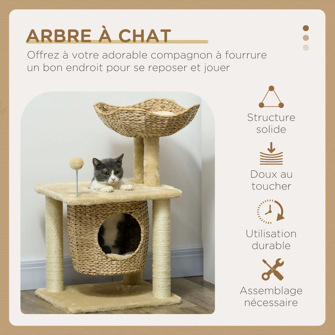 Arbre à chat 74 cm beige avec niche et panier tressé