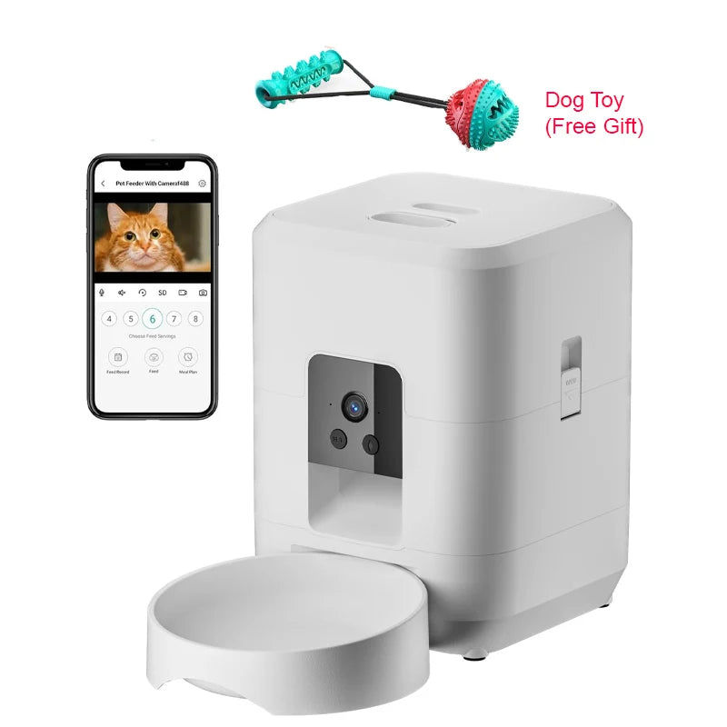 Distributeur automatique de nourriture pour animaux blanc avec caméra, inclut un jouet pour chien gratuit
