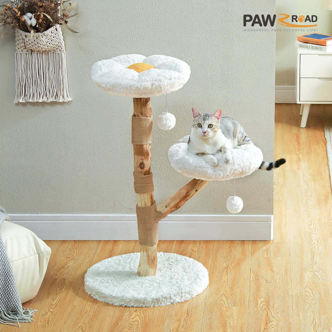 Arbre à chat en bois massif blanc avec couchages en forme de fleur
