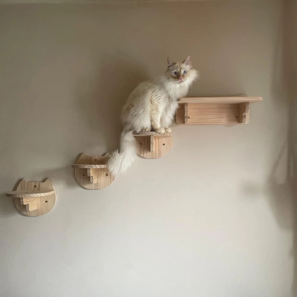 Wandmontierte Kratzbaum-Bausätze aus Holz – Sitzstange, Hängematte und Treppe