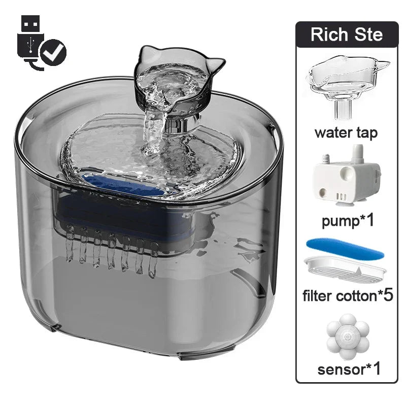 Fontaine à eau pour chat en plastique transparent, avec capteur, pompe et filtres inclus.