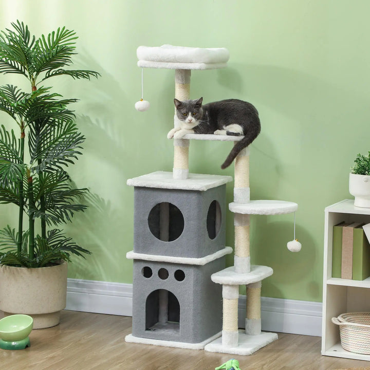 Arbre à chat 126 cm crème avec niches, hamac et griffoirs