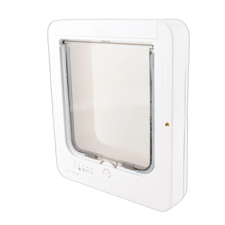 Chatière automatique blanche en plastique avec fonctionnalités de verrouillage et ouverture réglable.