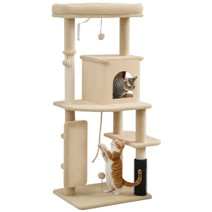 Arbre à chat 132 cm beige avec brosse intégrée et niche
