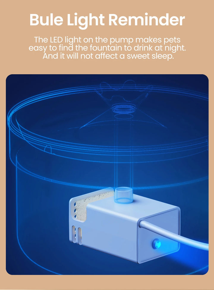 Pompe à eau pour animaux avec lumière LED bleue, facilite l'hydratation nocturne sans perturber le sommeil.