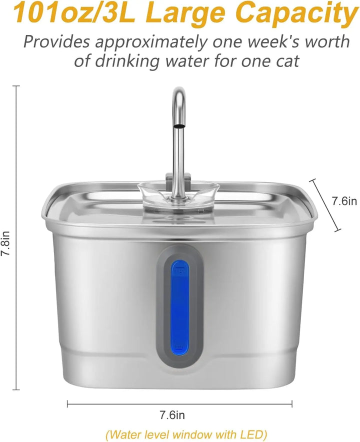 Fontaine pour chat en acier inoxydable, 3L, avec indicateur de niveau d'eau LED.