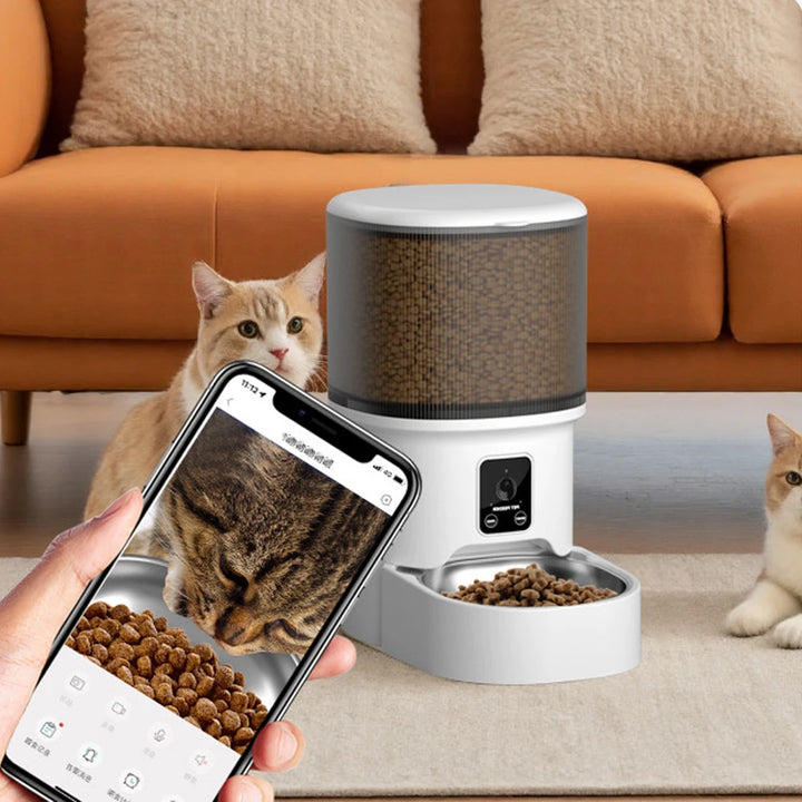 Distributeur automatique de croquettes pour chats, blanc, avec contrôle via smartphone et réservoir transparent.
