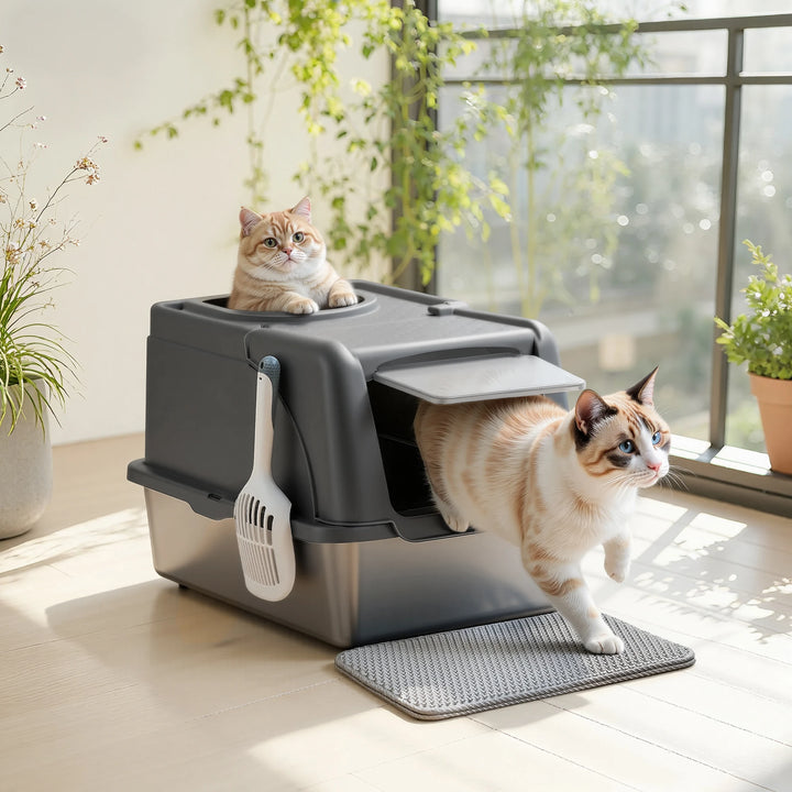 Bac à litière chat en acier inoxydable avec double entrée – Modèle "CleanSteel Premium"