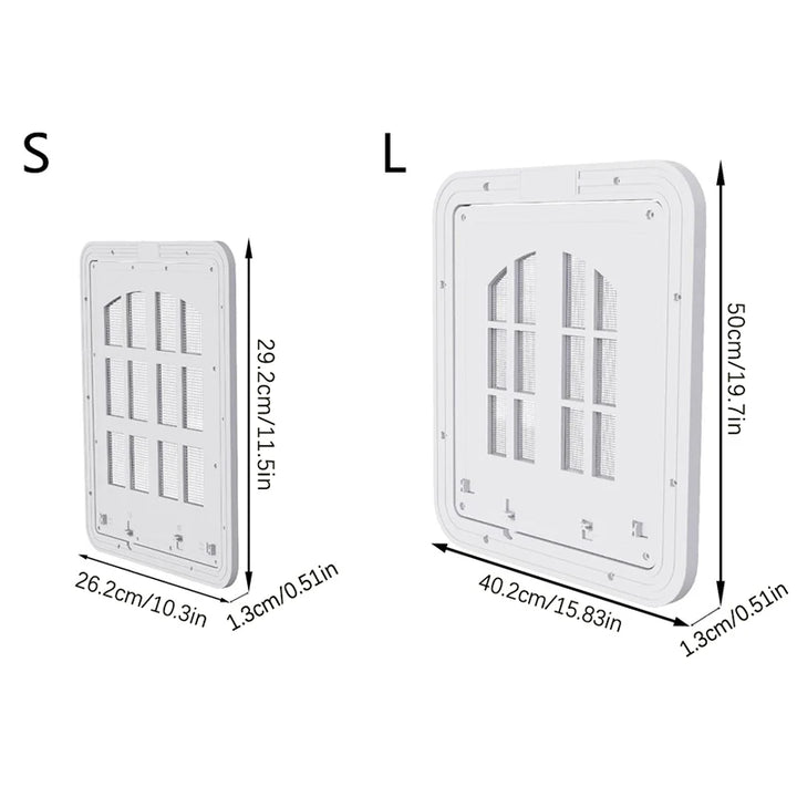 Porte d'entrée pour animaux en plastique, blanche, disponible en tailles S et L, facile à installer.