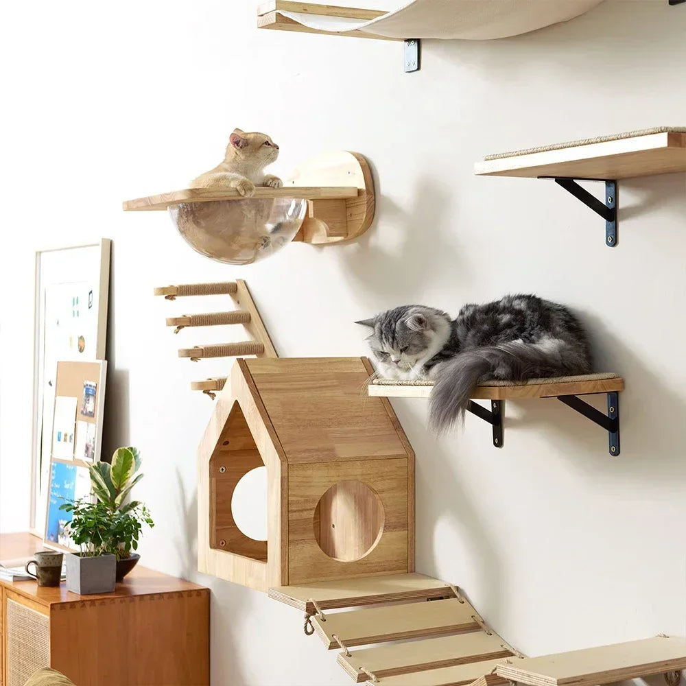 Wall-mounted cat tree - Perching platform - Ropes and wood