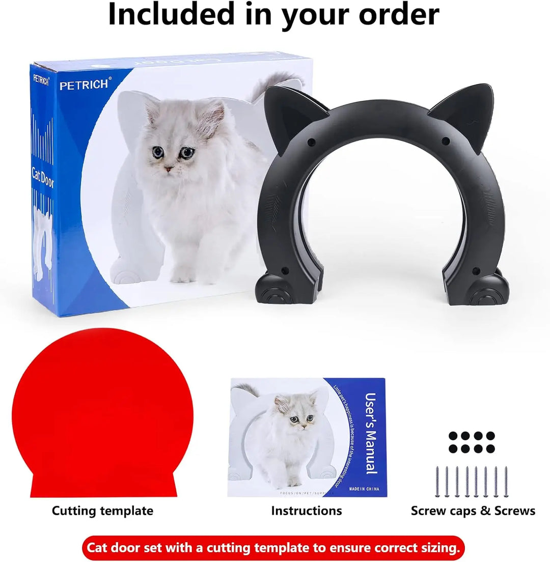 Porte pour chat noire avec oreilles, incluant modèle de découpe et manuel d'instructions.