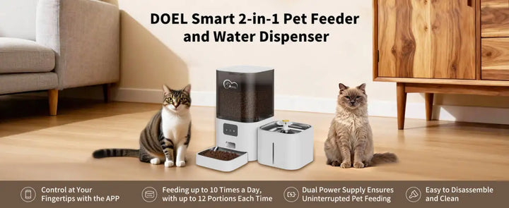 Distributeur d'aliments et d'eau 2-en-1 DOEL, facile à nettoyer, pratique, contrôle via app, idéal pour animaux domestiques.