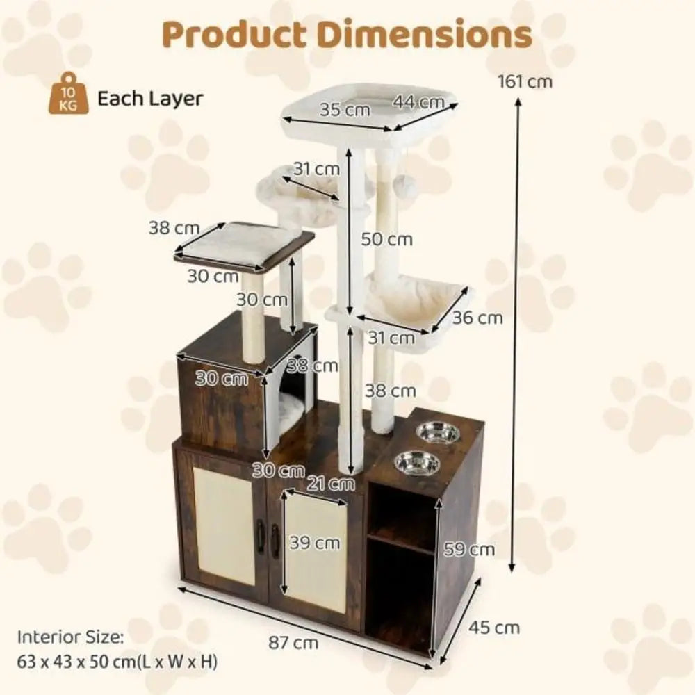 Meuble arbre à chat 3 en 1 avec cache litière et gamelles surélevées