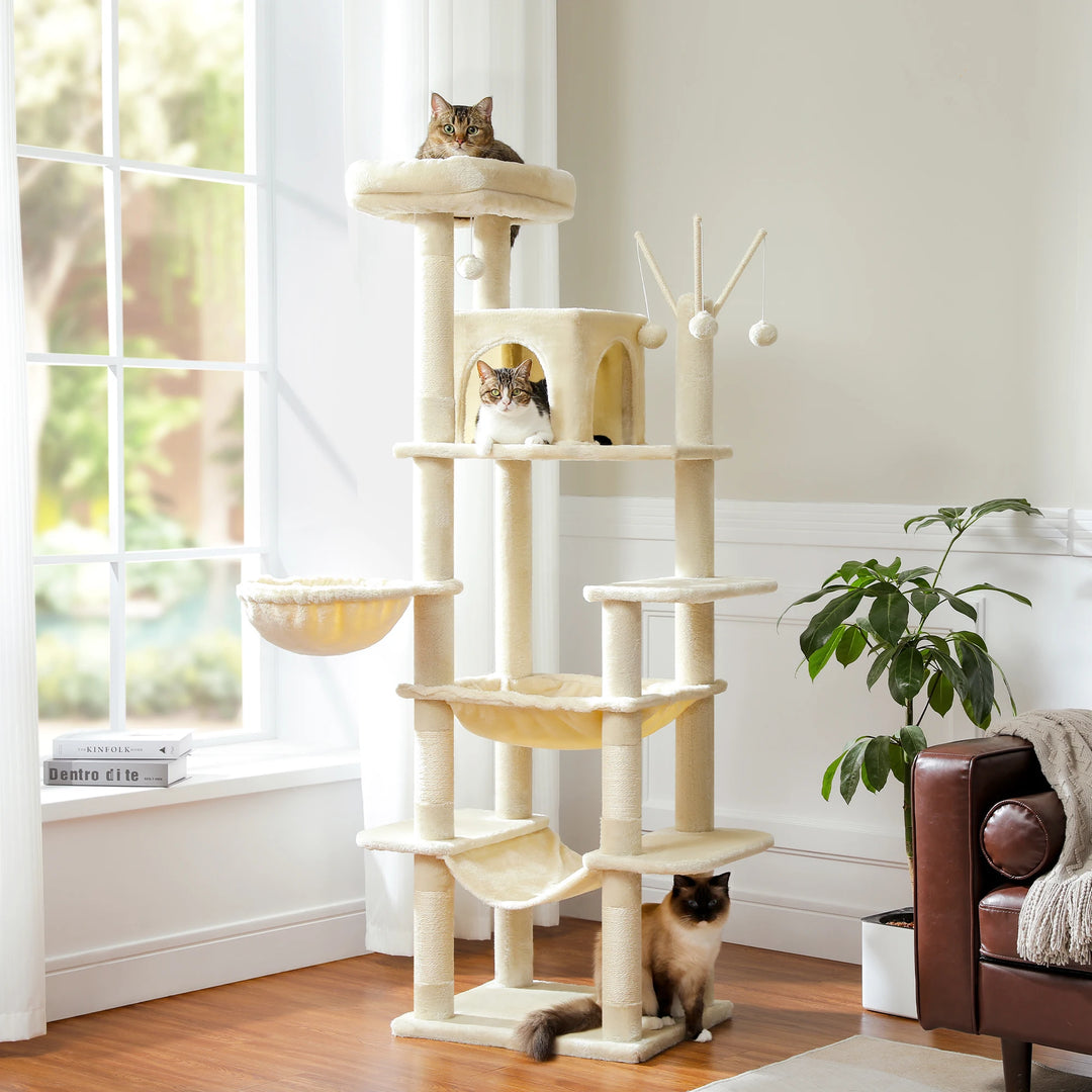 Multi-level Maine Coon cat tree with scratching posts and hammock - Model: "FelineKingdom"