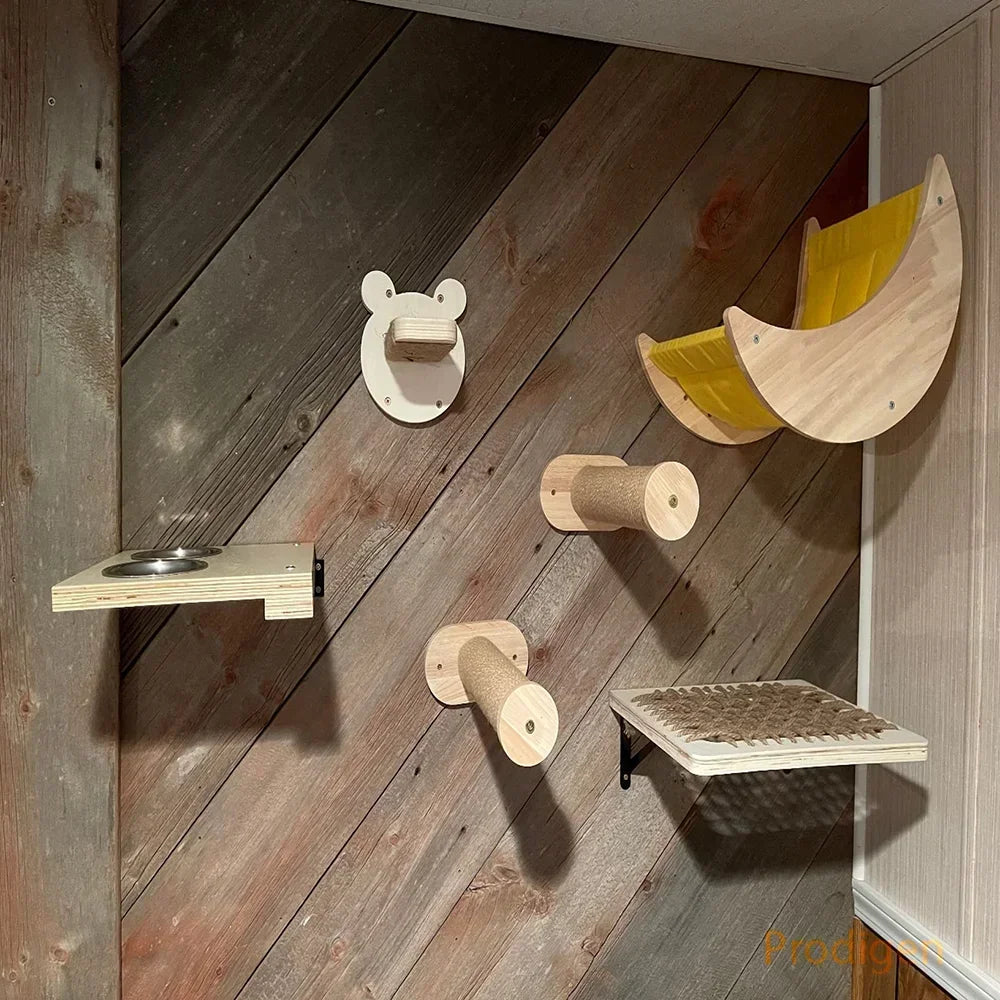Wooden Wall-Mounted Cat Tree (Hammock, Stairs, Scratching Post) - AventureCiel