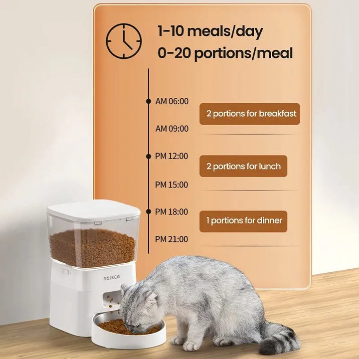 Distributeur automatique de nourriture pour chat blanc, programmable pour 1-10 repas par jour.