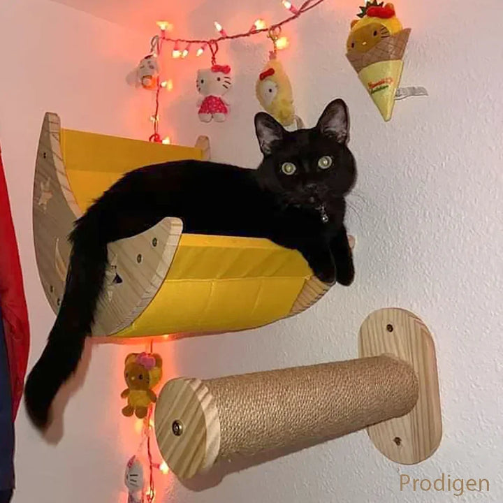 Wooden Wall-Mounted Cat Tree (Hammock, Stairs, Scratching Post) - AventureCiel