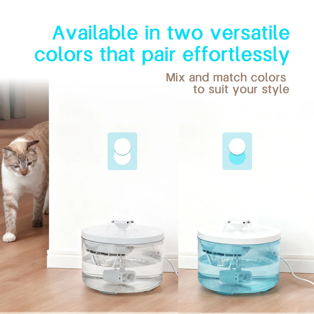 Fontaine à eau pour animaux, coloris transparent et bleu, design élégant et fonctionnel pour chats.