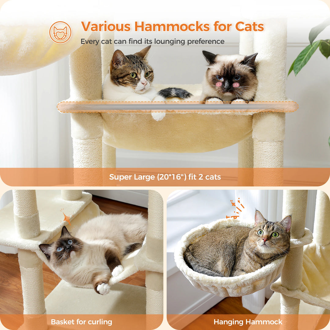 Multi-level Maine Coon cat tree with scratching posts and hammock - Model: "FelineKingdom"
