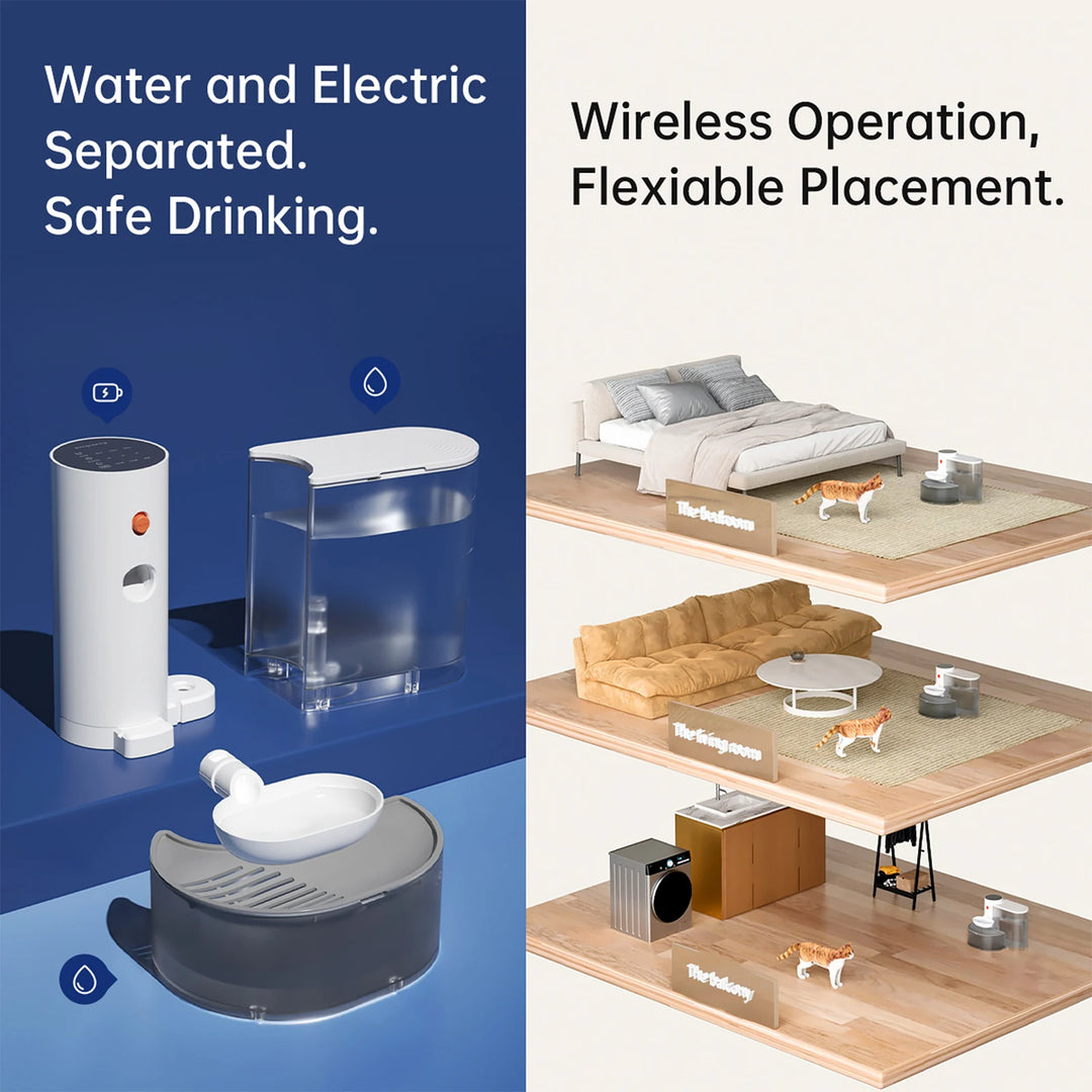 Distributeur d'eau sans fil, séparation eau-électricité, design flexible, matériel durable.