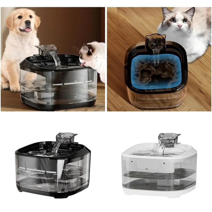 Fontaine à eau pour animaux, noir et blanc, design moderne, idéal pour chiens et chats, filtration efficace.