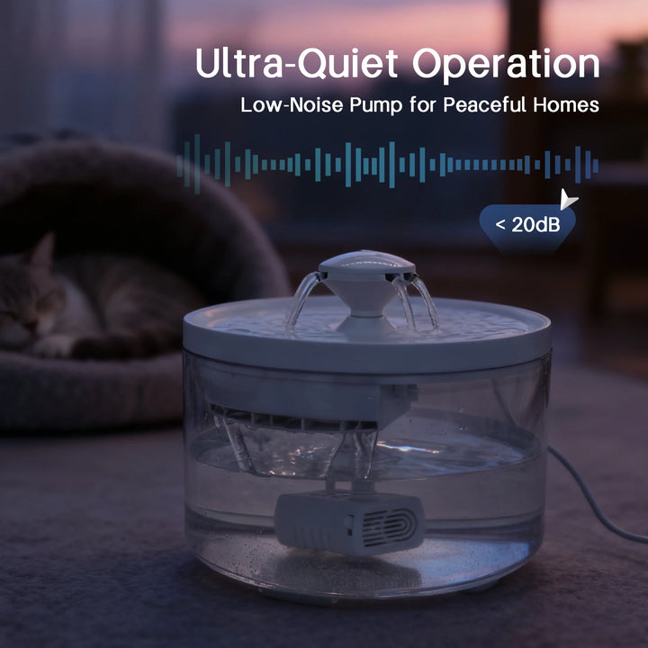 Fontaine silencieuse pour animaux, opération ultra-quiet, réservoir transparent, moins de 20 dB, idéale pour maisons tranquilles.