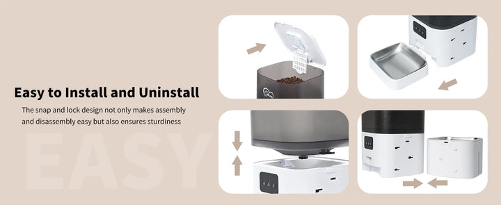 Distributeur de café en plastique noir et blanc, design facile à assembler avec système de verrouillage.