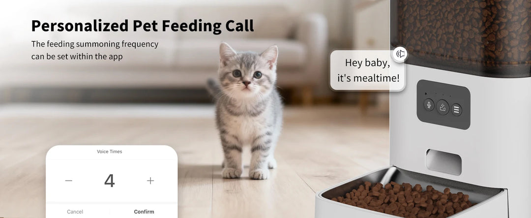 Distributeur automatique de nourriture personnalisé pour animaux, blanc, avec options vocales et application mobile.