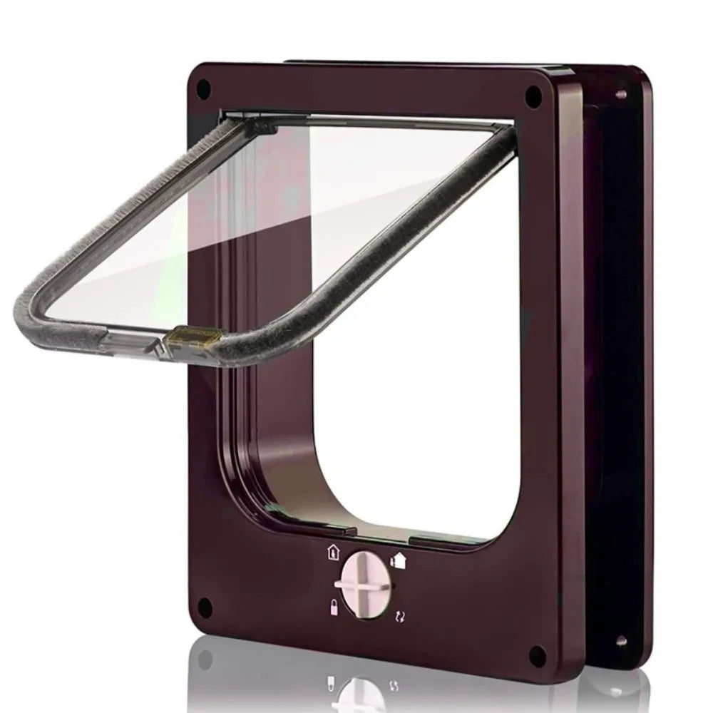 Chatière automatique en plastique brun, résistante aux intempéries, avec panneau en verre.
