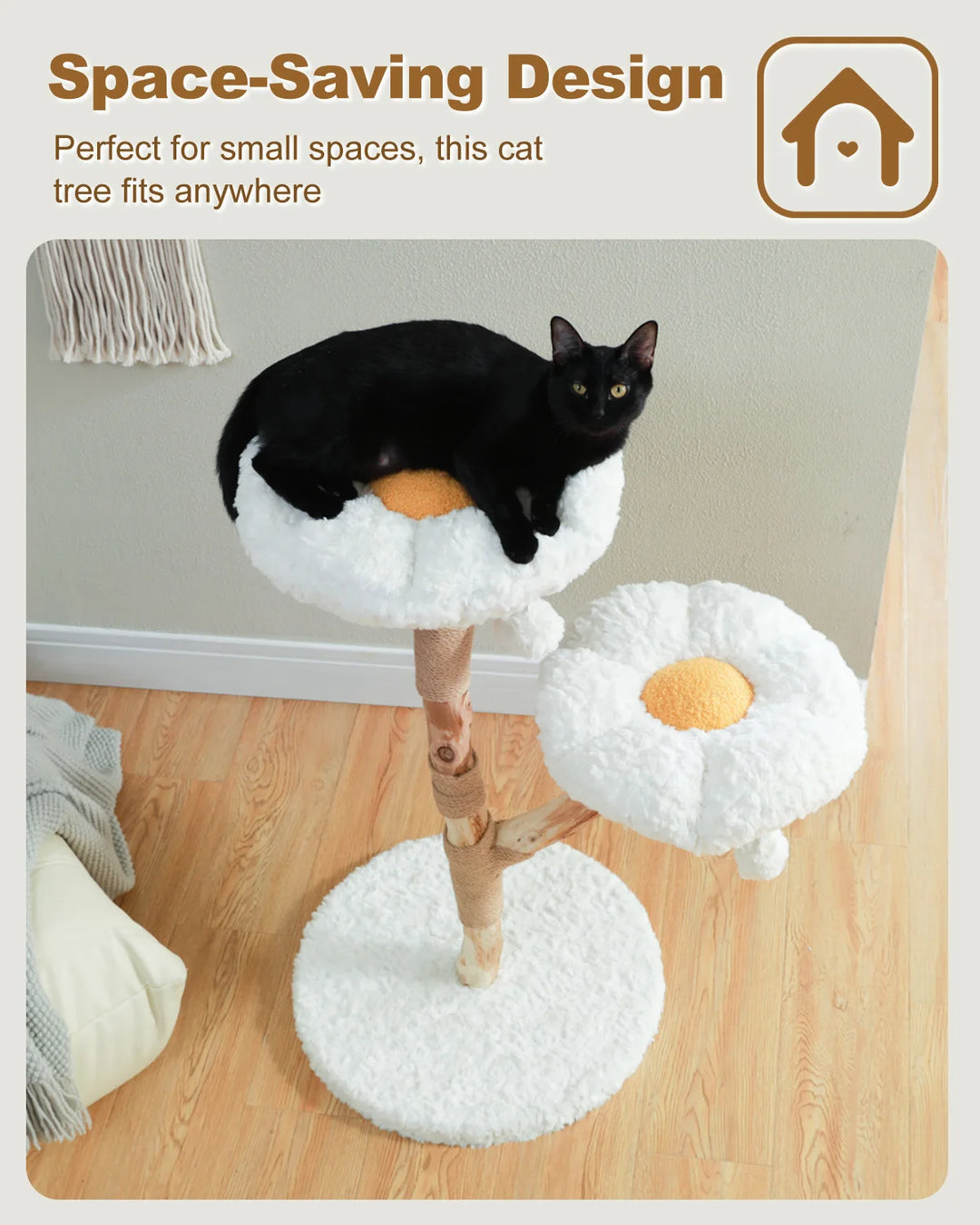 Arbre à chat en bois massif blanc avec couchages en forme de fleur