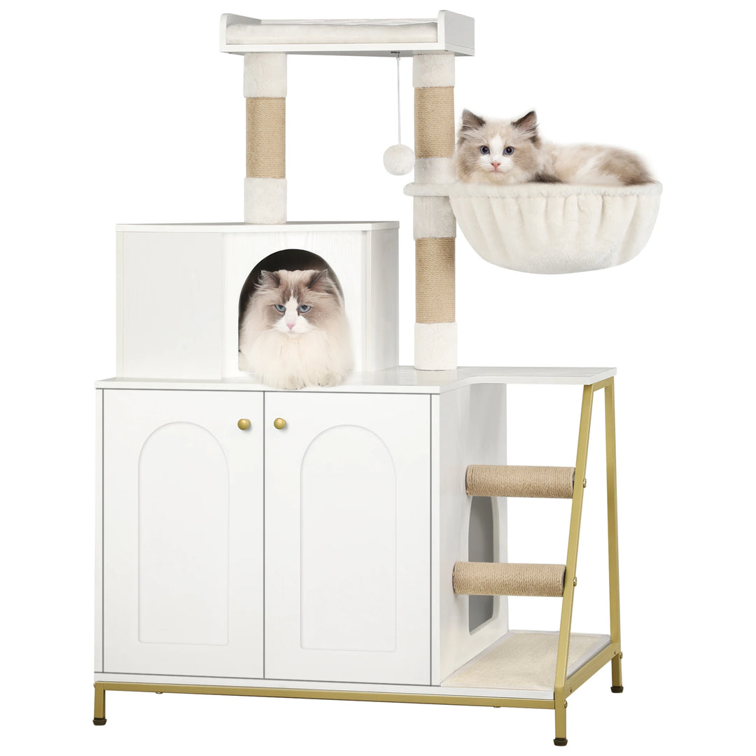 Meuble arbre à chat avec cache litière intégré et hamac