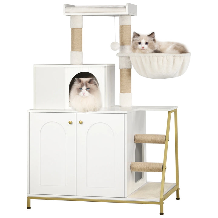Meuble arbre à chat avec cache litière intégré et hamac