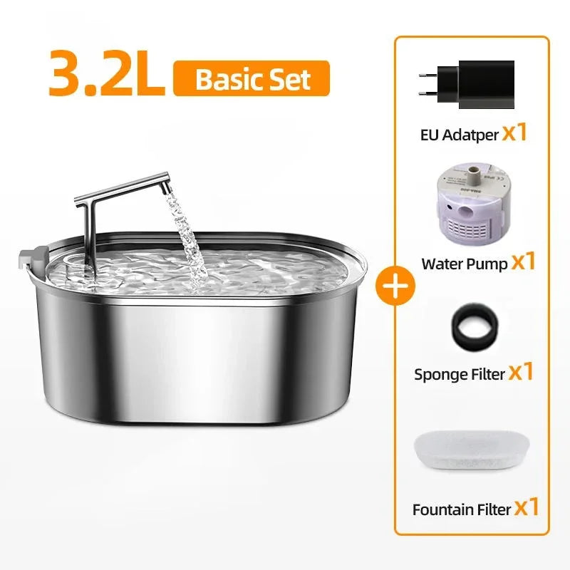 Fontaine pour animaux 3.2L en acier inoxydable avec pompe à eau, filtre éponge et adaptateur EU.
