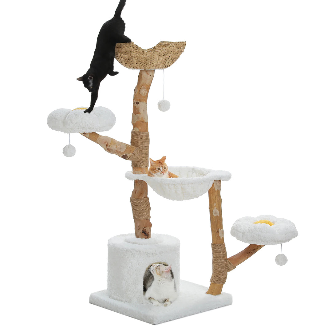 Arbre à chat 150 cm en bois massif avec panier tressé et plateformes fleur