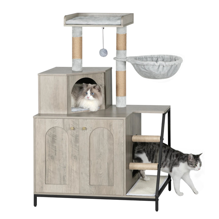 Meuble arbre à chat avec cache litière intégré et hamac