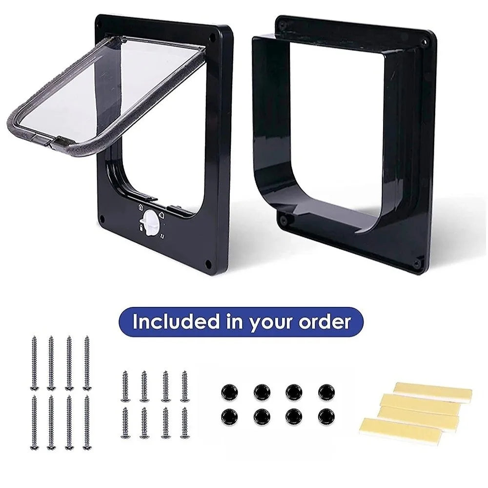 Trappe pour animaux, noir, avec cadre en plastique et accessoires inclus pour installation facile.