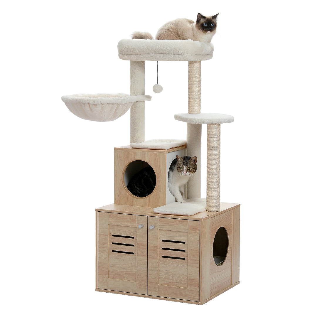 Designer Wooden Cat Tree with Litter Box - LuxeNest Model 