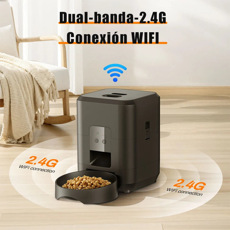 Distributeur automatique de nourriture pour animaux, couleur noire, connexion WiFi 2.4G, design moderne.