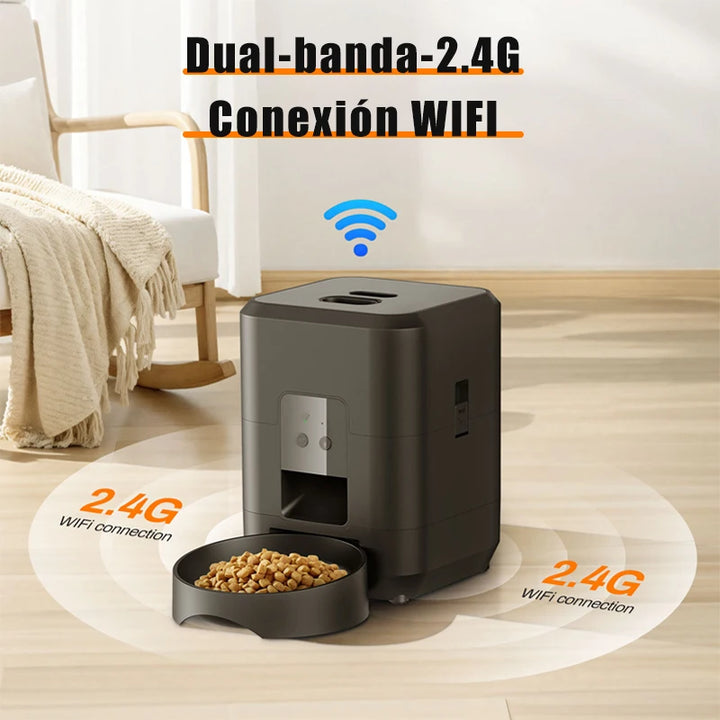 Distributeur automatique de nourriture pour animaux, couleur noire, connexion WiFi 2.4G, design moderne.