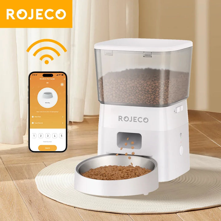 Distributeur automatique de croquettes ROJECO blanc avec connexion Wi-Fi et bol en métal, pour animaux de compagnie.