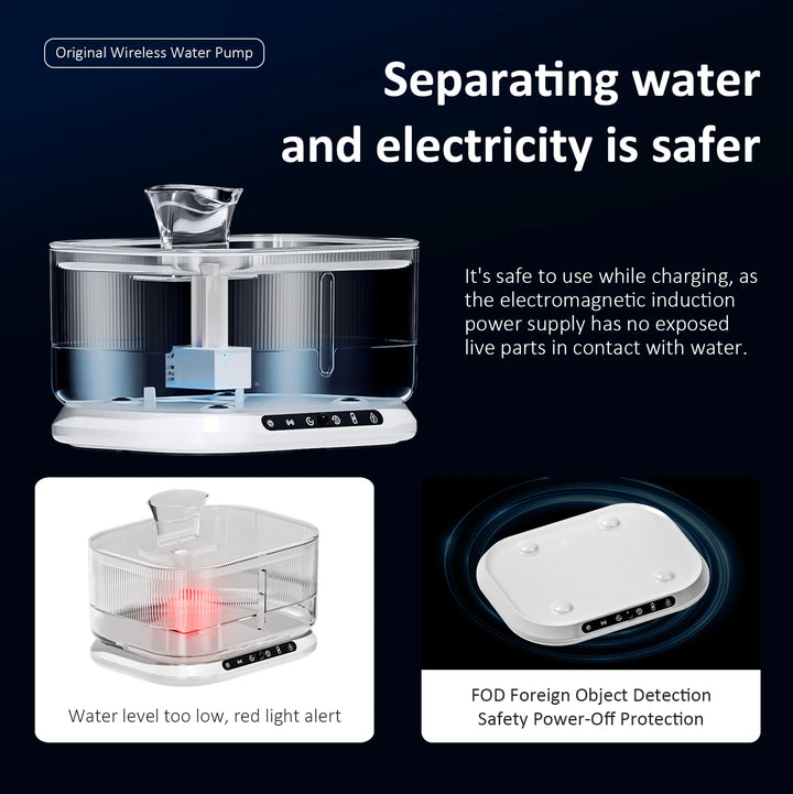 Pompe à eau sans fil, transparente, avec protection contre l'eau et électricité, alerte de niveau bas.