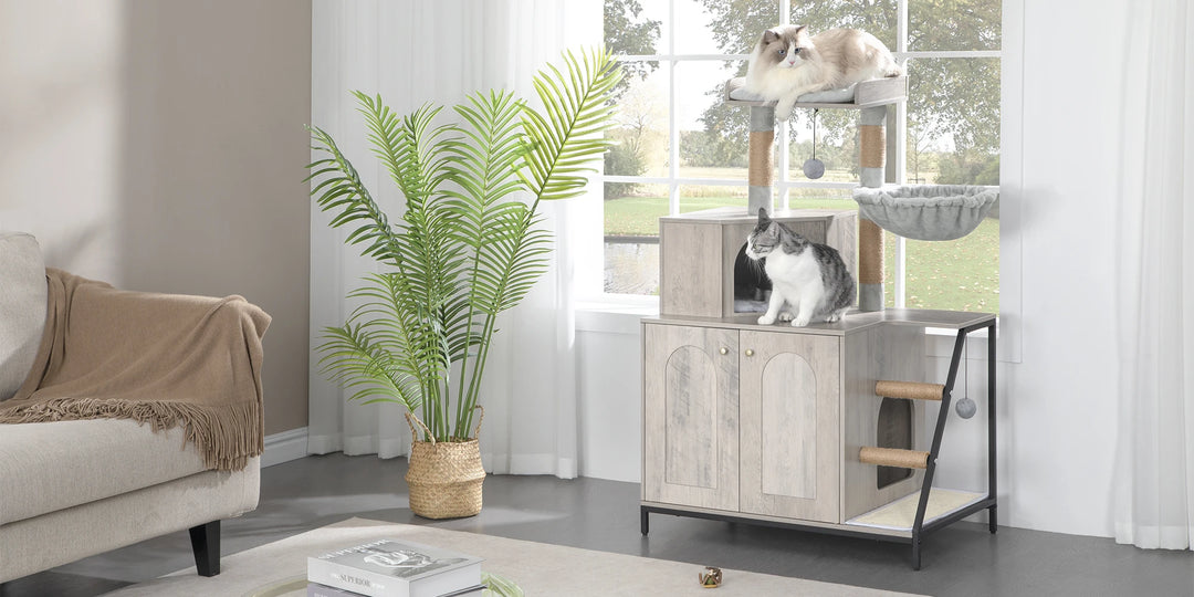 Meuble arbre à chat avec cache litière intégré et hamac