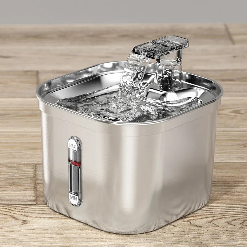 Fontaine à eau en acier inoxydable, design moderne, avec robinet et indication de niveau d'eau.