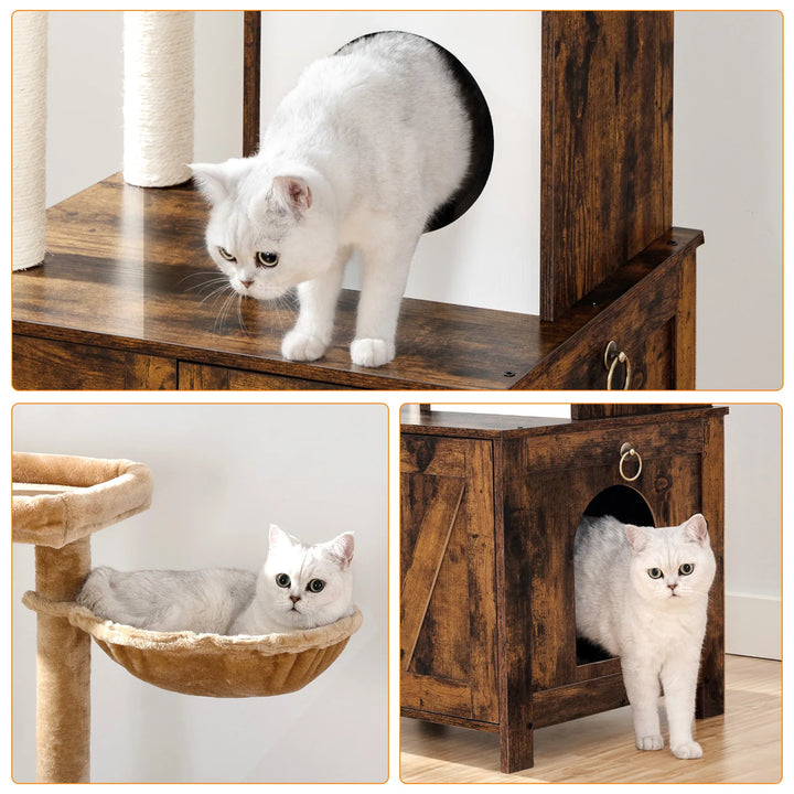 Rustic Wooden Cat Tree with Litter Box - "HideawayPaws Pro" Model