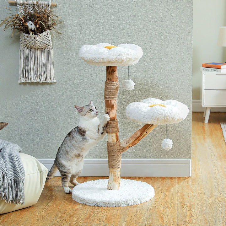 Arbre à chat en bois massif blanc avec couchages en forme de fleur