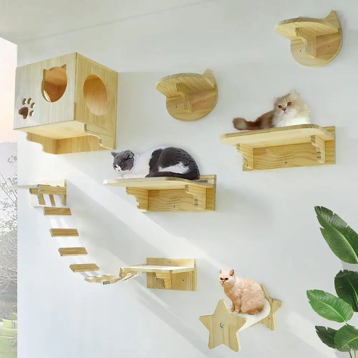 Wooden wall-mounted cat tree with transparent tube - MerveillesMurales